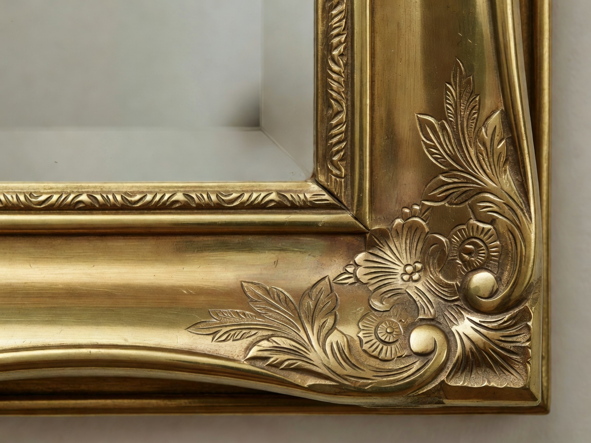 Close up of a refined brass mirror frame finish