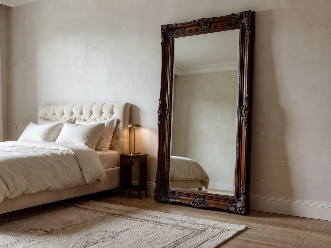 Refined bedroom interior with a full length leaning mirror
