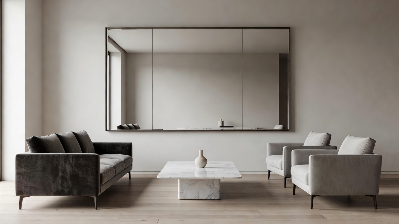 Elegant contemporary living room with a large statement mirror reflecting natural light