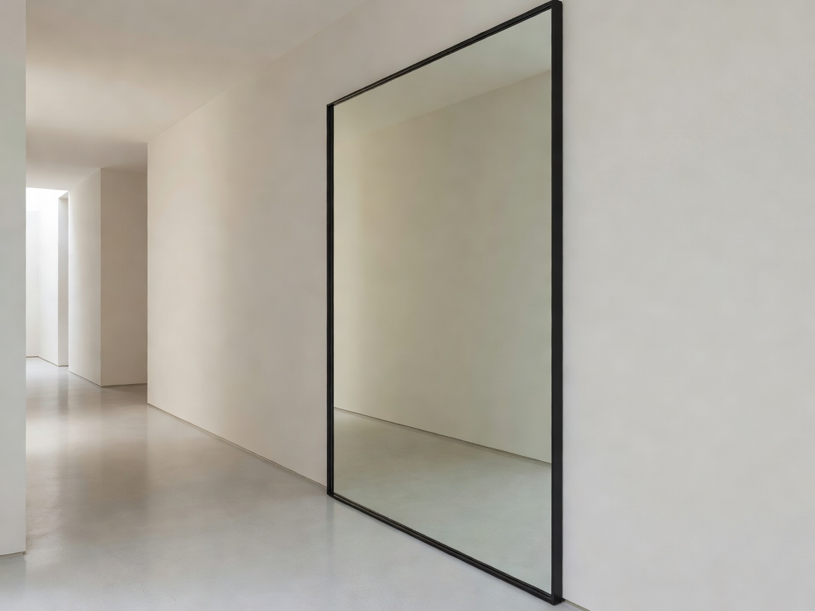 Large architectural wall mirror in a refined hallway setting