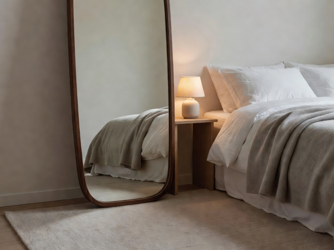 Quiet bedroom interior with an elegant floor mirror