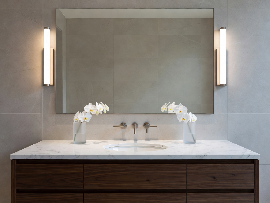 Premium mirror positioned above a residential vanity in a modern bathroom