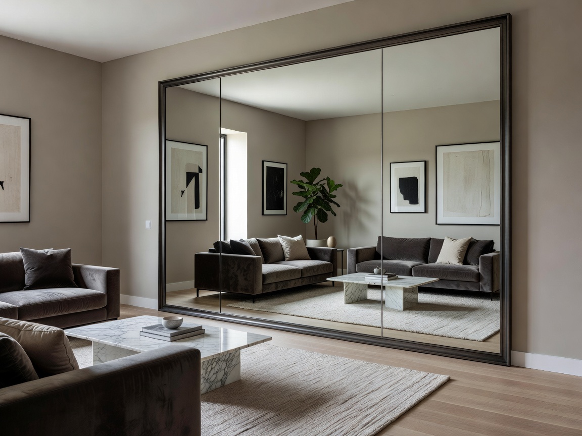 Refined living room with a large oversized mirror expanding the space