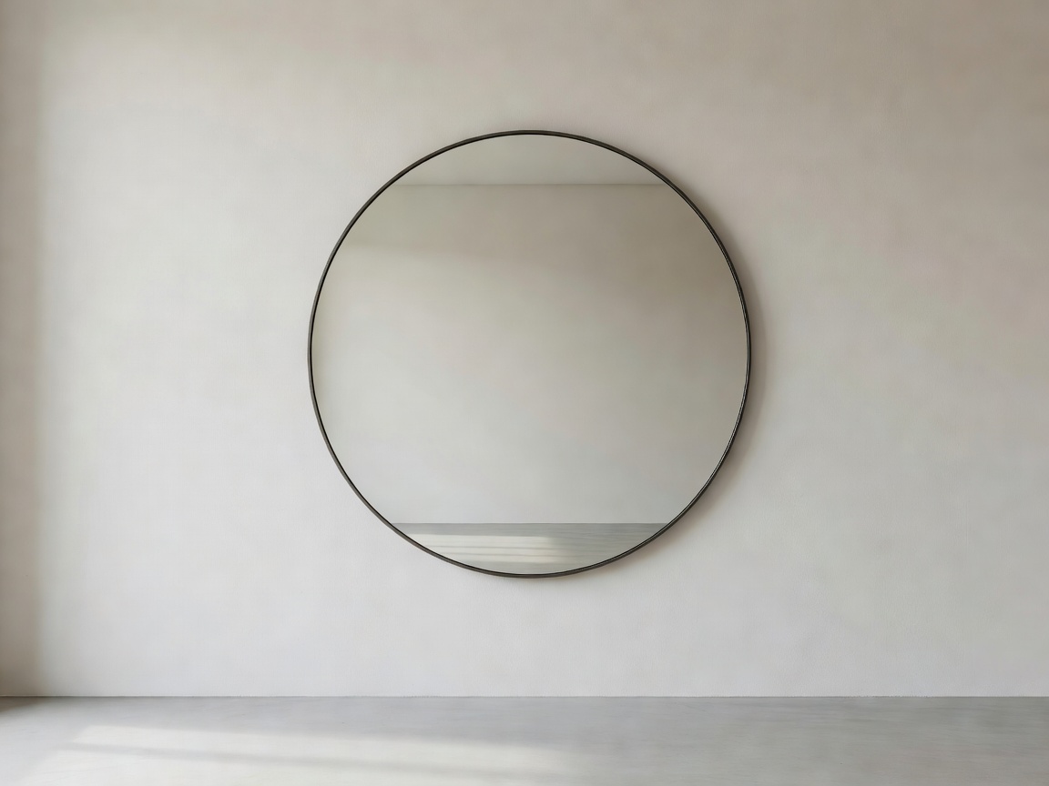 Elegant round statement mirror above a minimalist console table